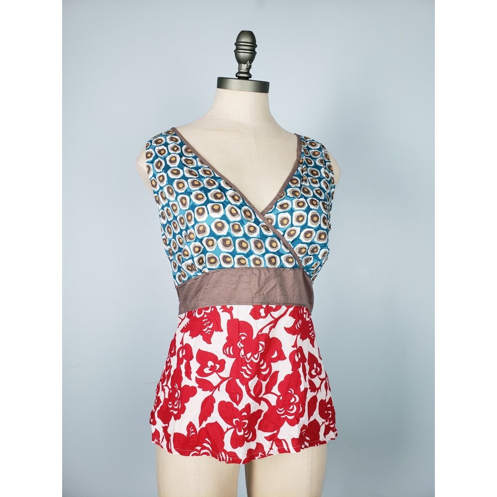 VTG Boden Women's 12 Babydoll Top Floral Blue Red Boho Y2K 100%‎ Cotton
